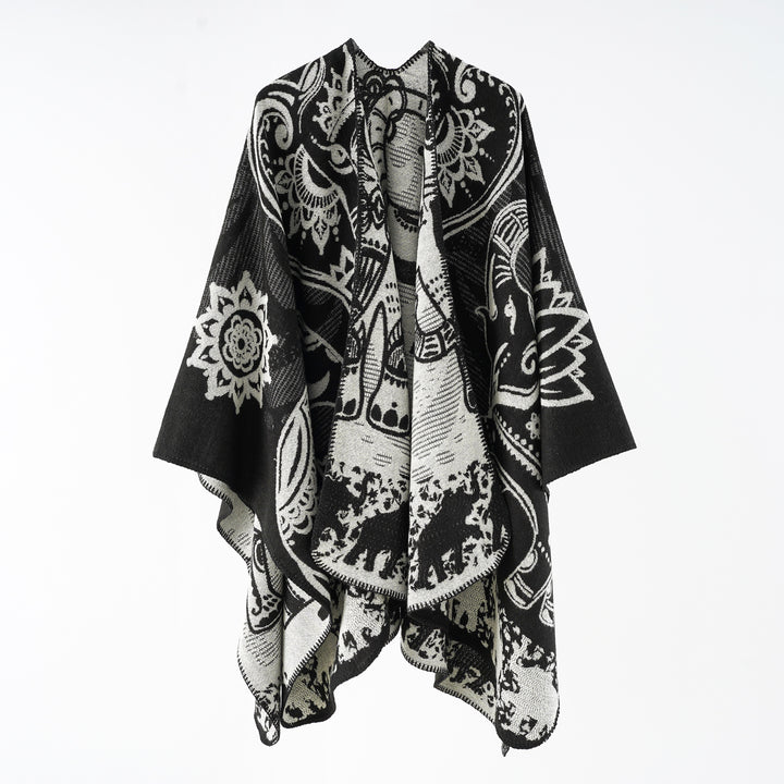 Damen Jacquard-Überwurfponcho mit doppelseitiger Webstruktur und Zierstichkante Drune