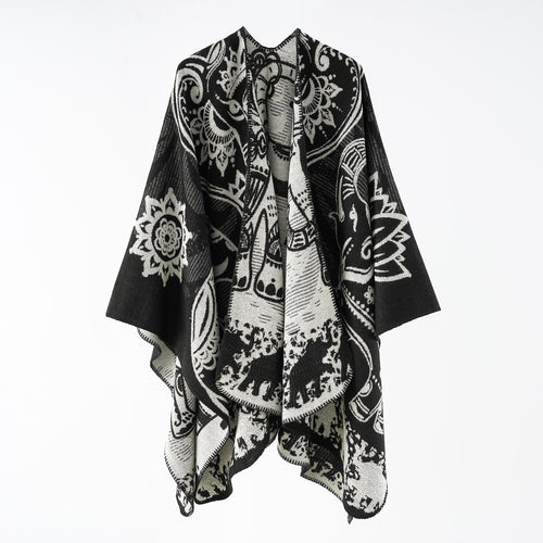 Damen Jacquard-Überwurfponcho mit doppelseitiger Webstruktur und Zierstichkante Drune