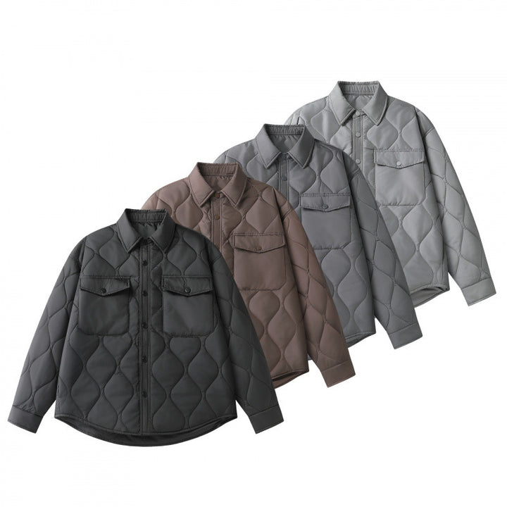 Unisex Gepolsterte gesteppte Hemdjacke mit Pattentaschen und abgerundetem Saum Drune