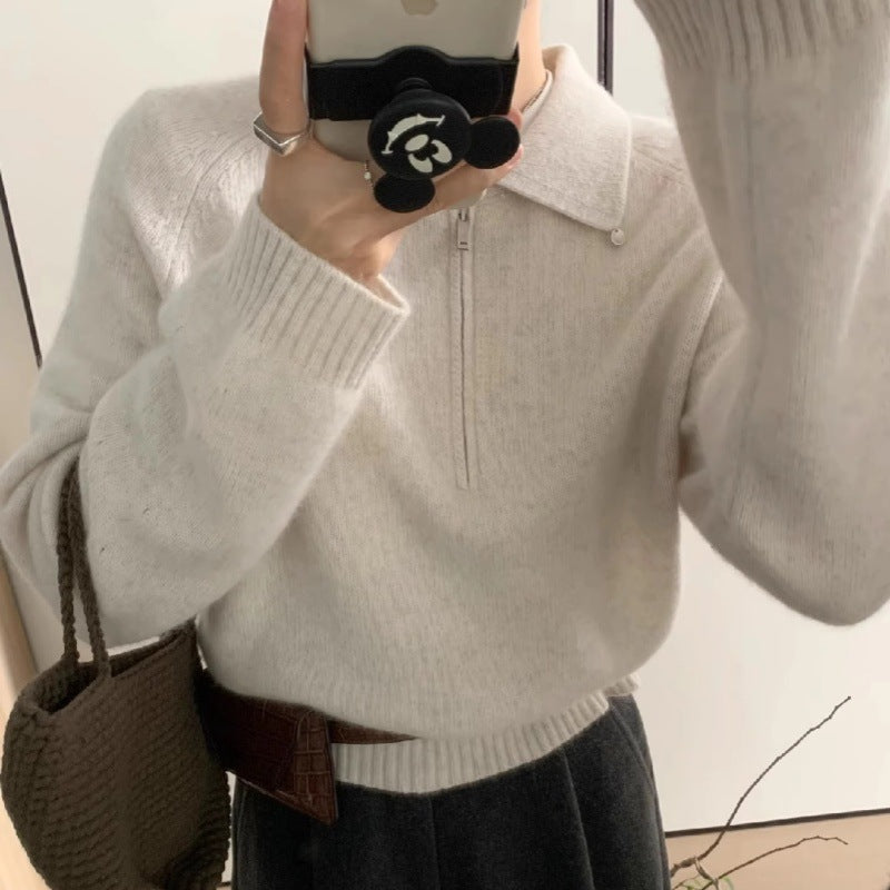 Damen Kurzzip-Polo-Pullover aus flauschigem Wollmix mit kastiger Silhouette Drune