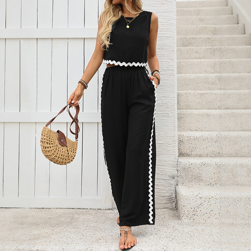 Damen Lässiger Crop Top und Weite Hose Set Drune