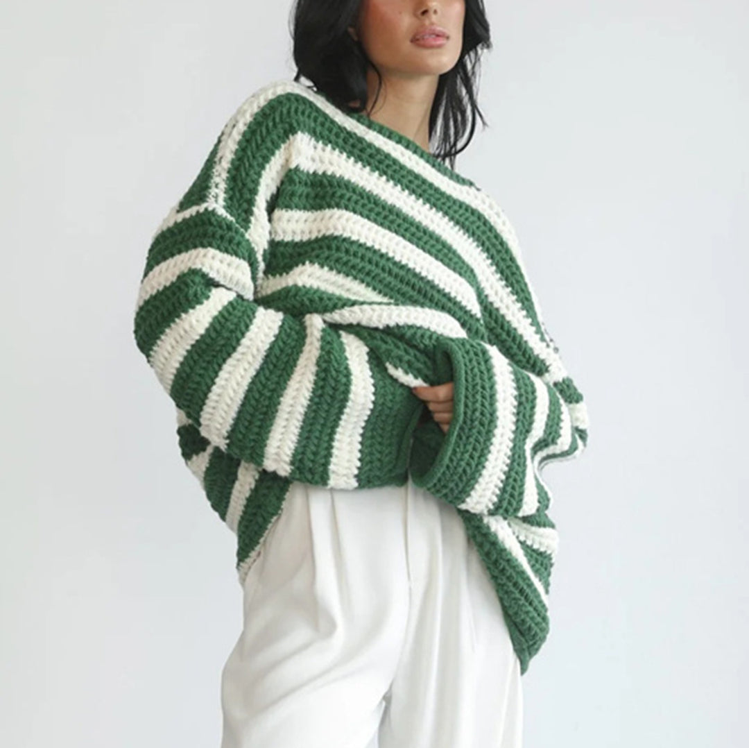 Damen lässiger Grobstrickpullover mit auffälligem Streifenmuster Drune