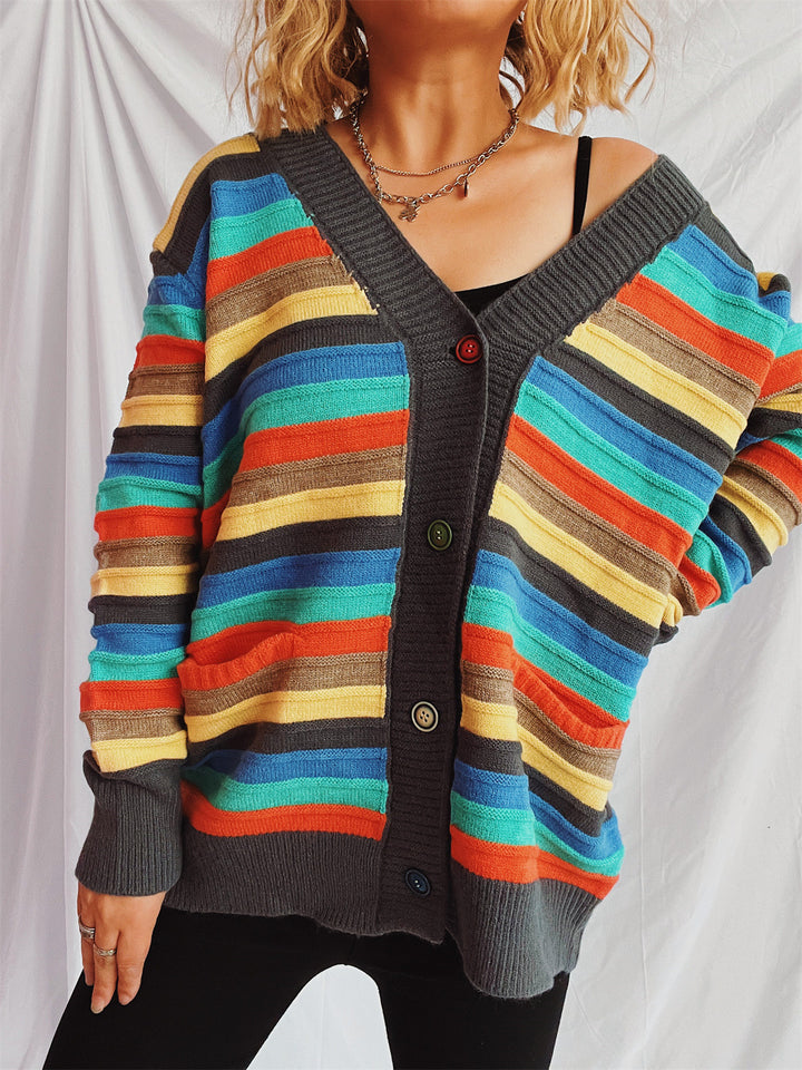 Damen lässige Strickjacke mit buntem Streifenmuster und lockerer Passform Drune