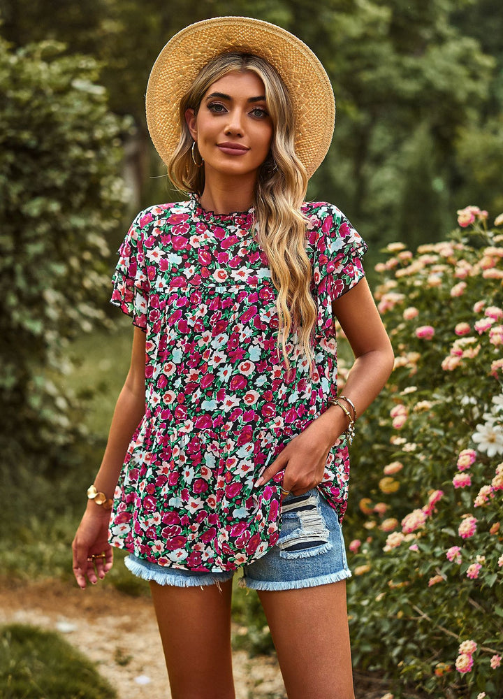 Damen beschwingtes Blusenshirt mit Rüschendetails und floralem Design Drune