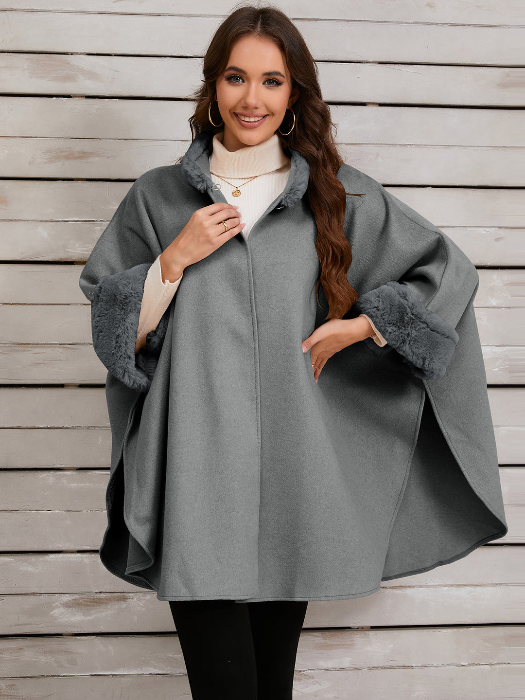 Damen Übergroße Umarmende Poncho mit Kuschelfutter Drune