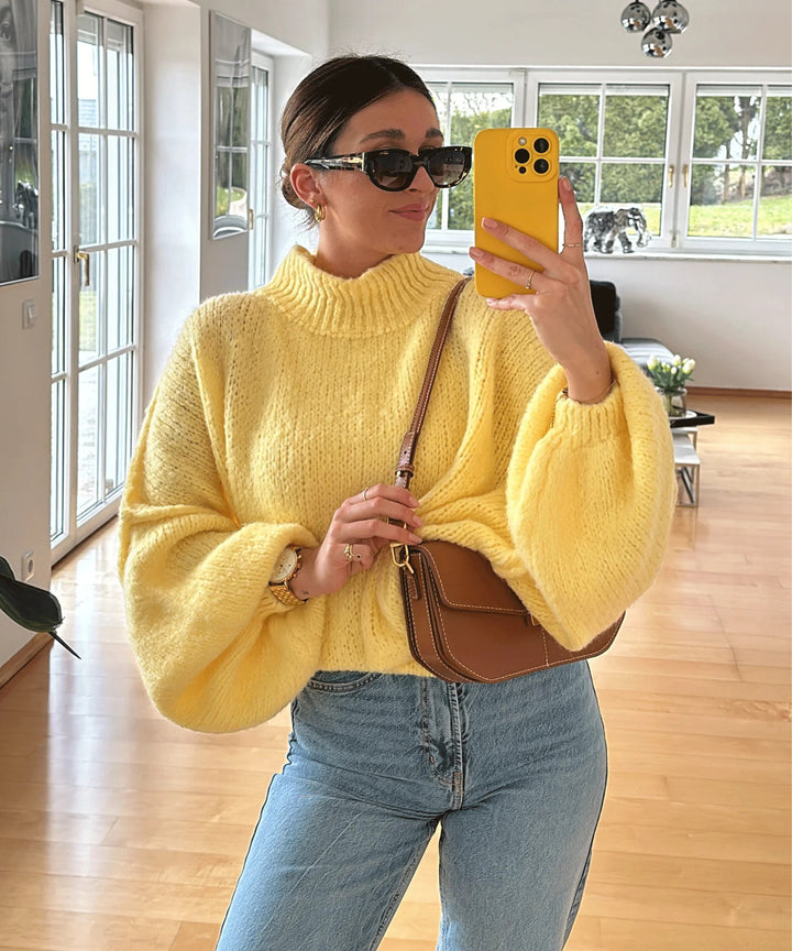 Damen oversized Strickpullover mit hohem Kragen und Ballonärmeln Drune