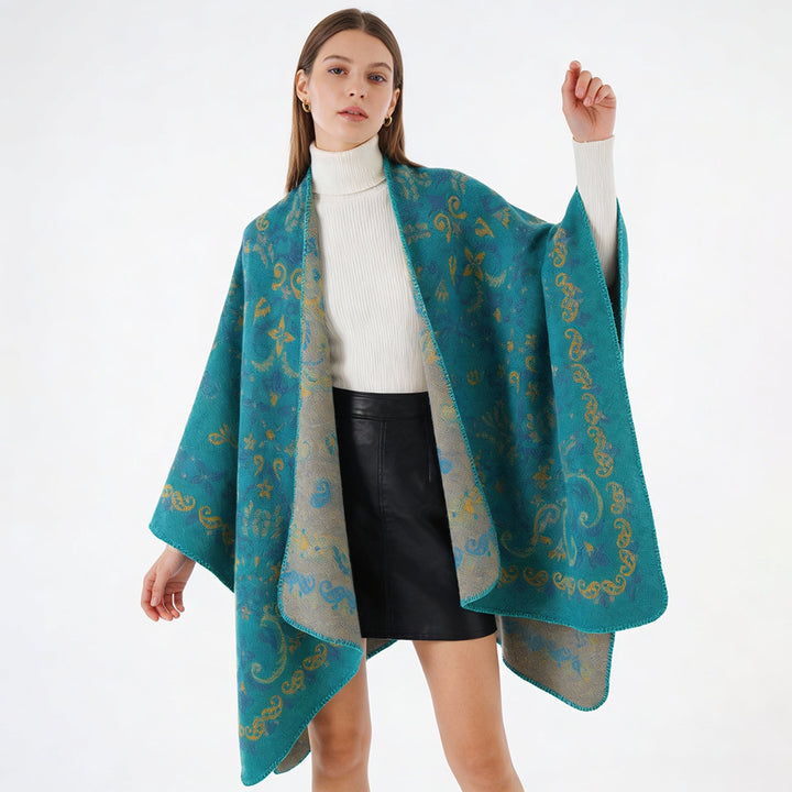Damen Reversibler Ornamentaler Capeponcho mit feiner Jacquardstruktur Drune
