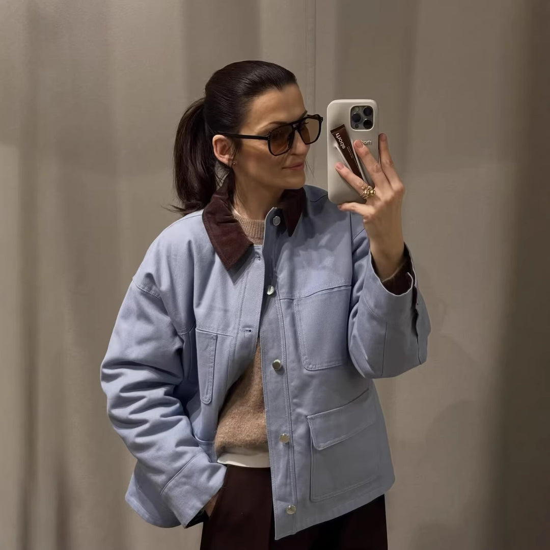 Damen nan oversize Fieldjacke mit Kontrastkragen und mehreren aufgesetzten Taschen Drune