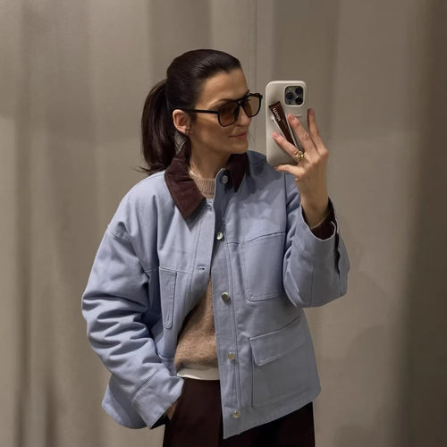 Damen nan oversize Fieldjacke mit Kontrastkragen und mehreren aufgesetzten Taschen Drune