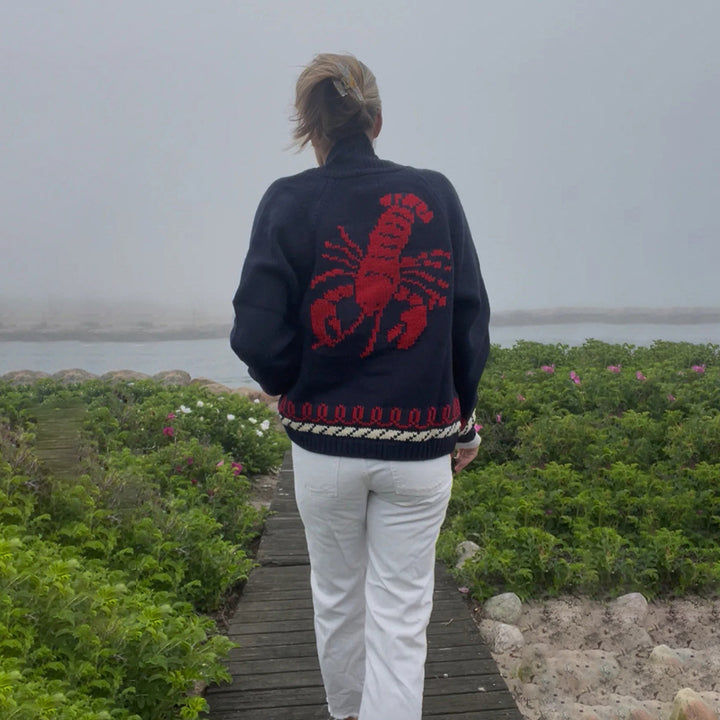 Damen Oversize Strickcardigan mit Walmotiv und nautischer Kontrastbordüre Drune