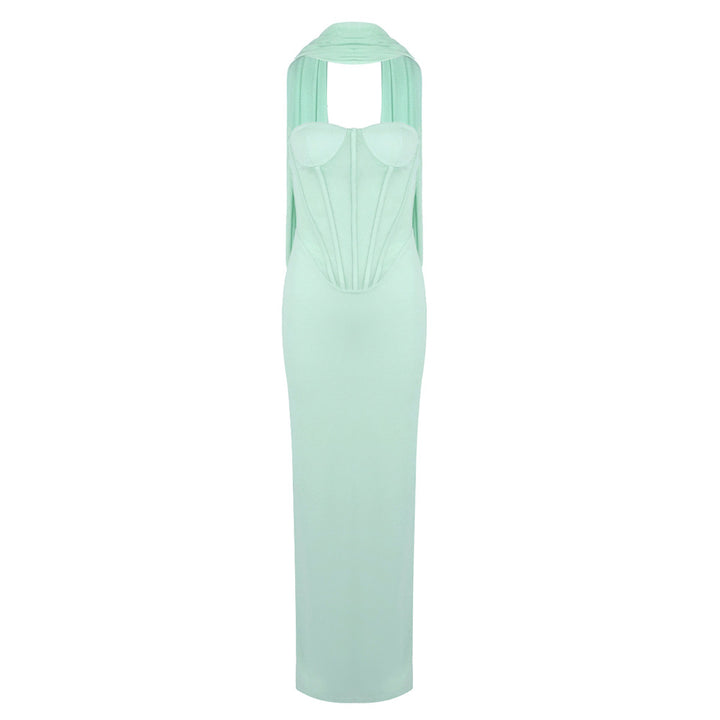 Damen Körpernahes Maxikleid mit eleganter Drapierung und innovativem Rückendesign Drune