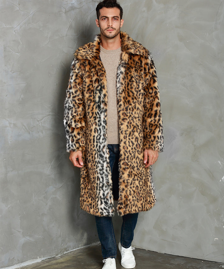 Herren Eleganter Kunstfellmantel mit Leopardenmuster und breitem Kragen Drune