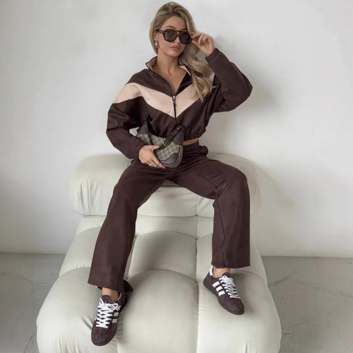 Damen cropped Zipjacke und weite Trackpants mit kontrastierendem Seitenstreifen Drune