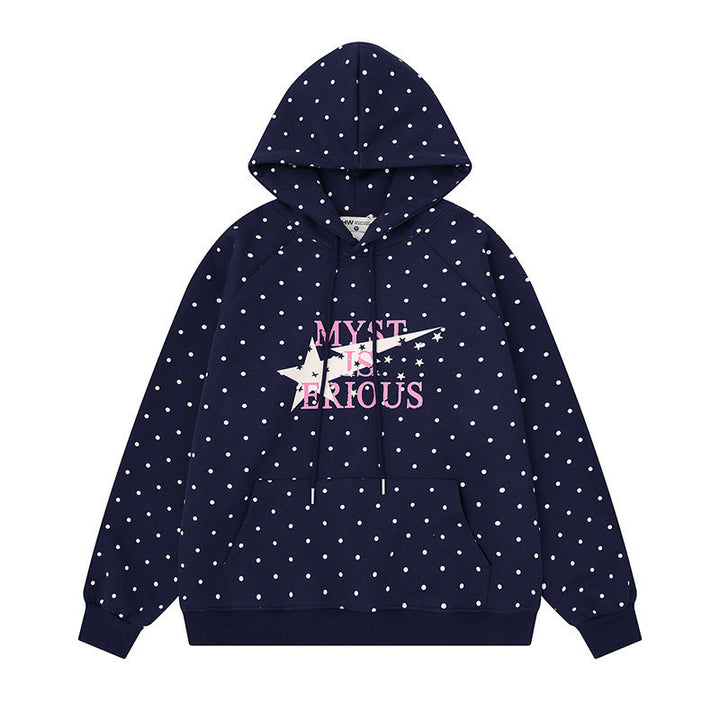 Damen Oversize-Kapuzenpullover mit Polka-Dot-Allover, Kängurutasche und Stern-Grafik Drune