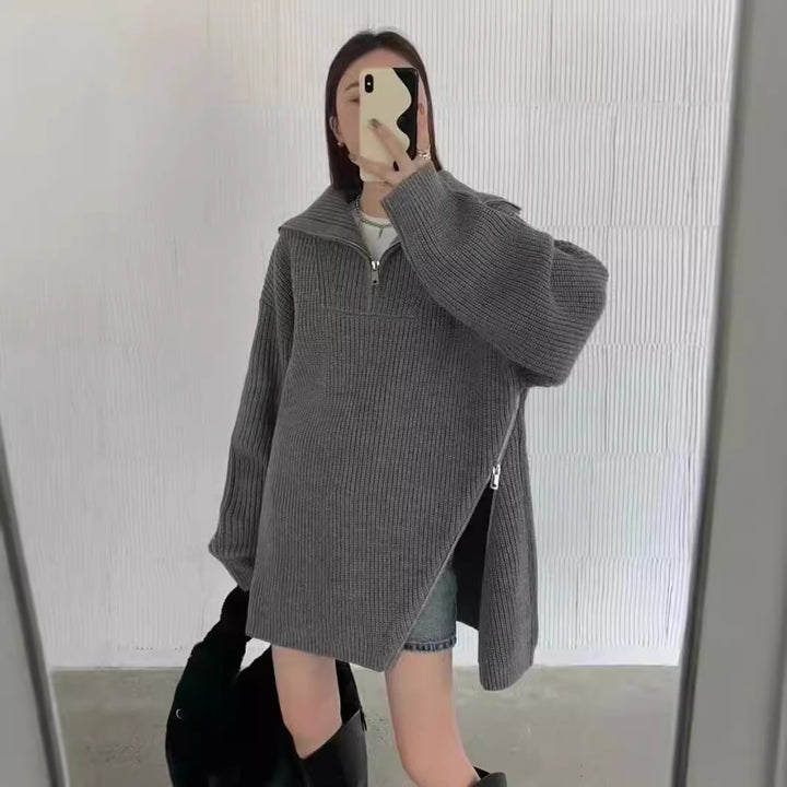 Damen Oversized Strickpullover mit Reißverschluss und seitlichen Schlitzen Drune