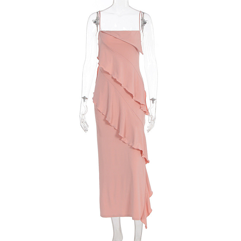 Damen schulterfreies Maxikleid mit asymmetrischem Rüschendesign Drune