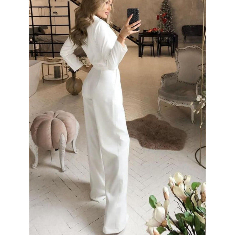 Damen eleganter Jumpsuit mit langem Bein und klassischem Schauspielkragen Drune