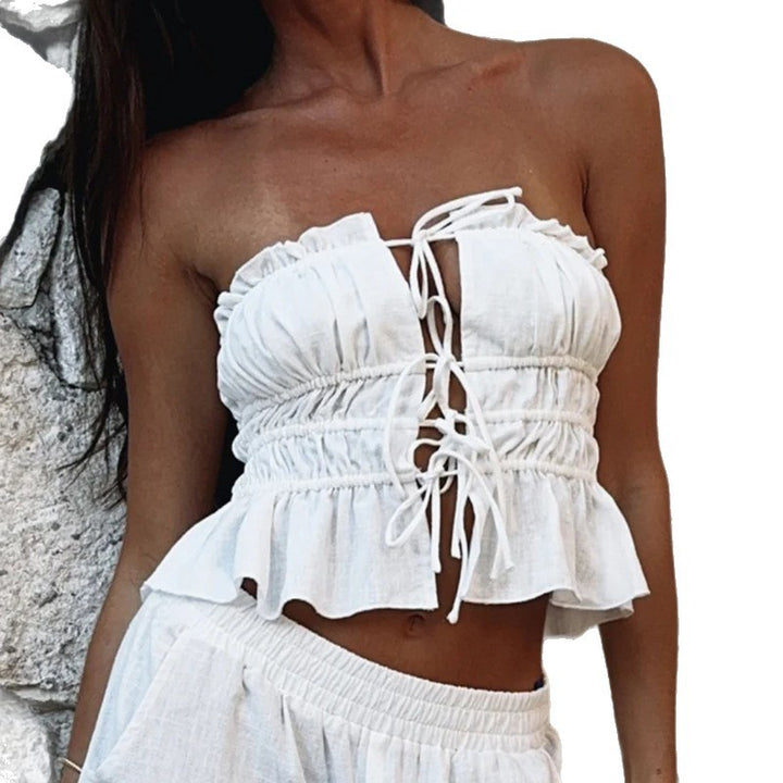 Damen Cropped Oberteil mit rüschengeschnittenem Saum und sexy Schnürung Drune