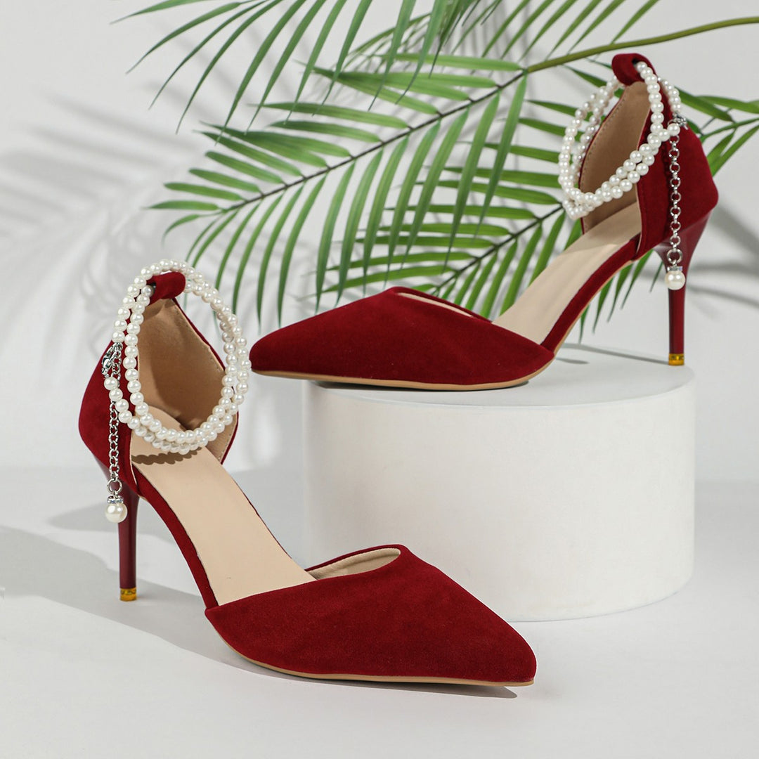 Damen Elegante spitz zulaufende Pumps mit Perlen-Knöchelriemen und schmalem Stiletto Drune