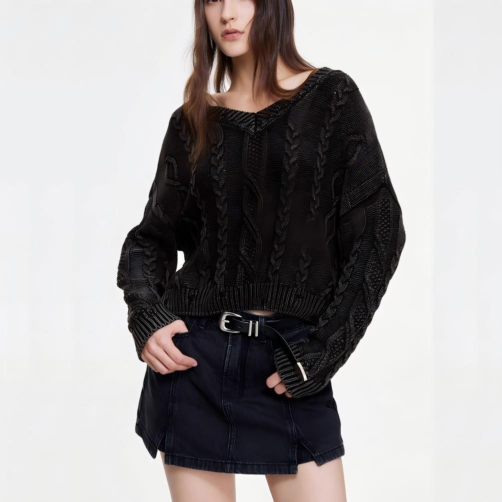 Damen Grobstrickpullover mit tiefem V-Ausschnitt und Zopfmuster Drune