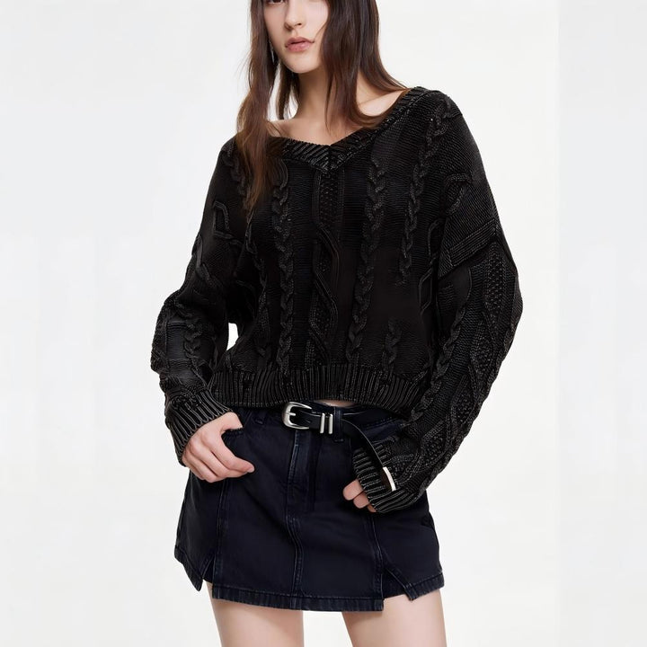 Damen Grobstrickpullover mit tiefem V-Ausschnitt und Zopfmuster Drune