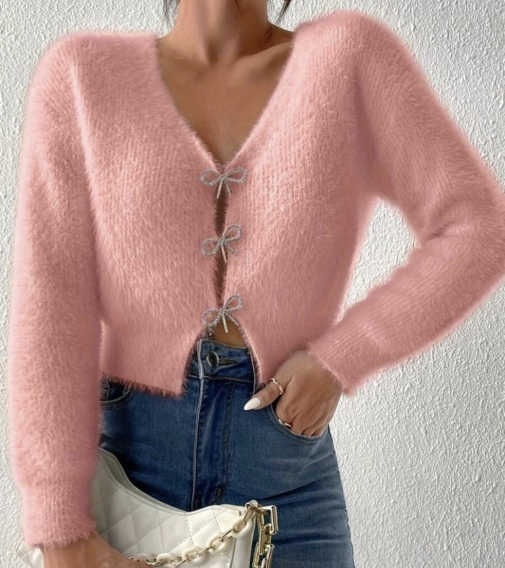 Damen Flauschiger Cropped-Cardigan mit V-Ausschnitt und Schleifen‑Verschlüssen Drune