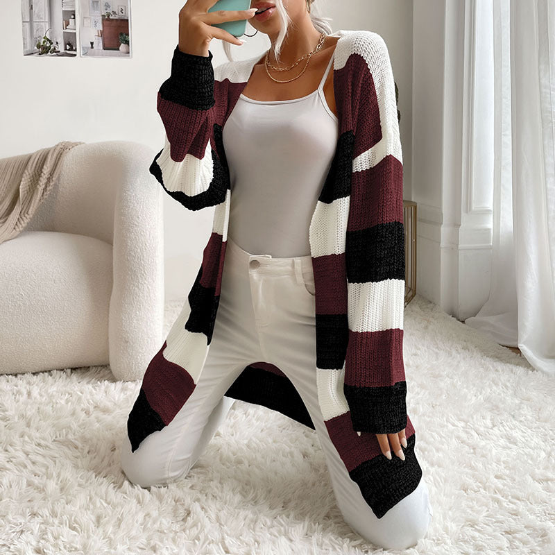 Damen Longline Strickcardigan mit breiten Blockstreifen, offener Front und überschnittener Schulter Drune