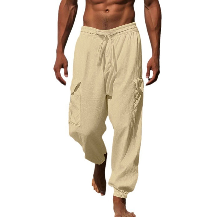 Herren nan luftige Leinen-Mix Strandhose mit Cargo-Taschen und elastischem Saum Drune