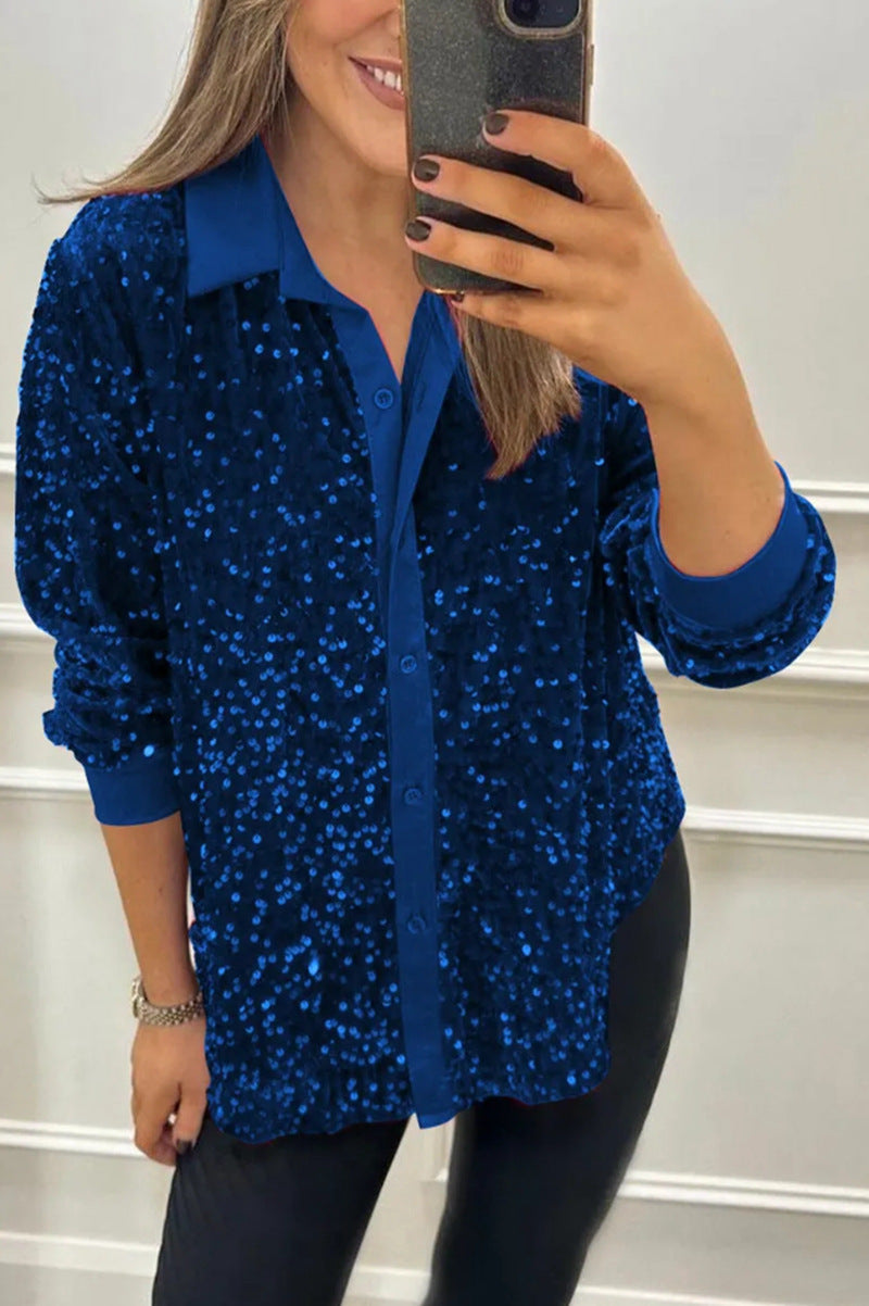 Damen nan glitzernde Pailletten-Hemdbluse mit Kragen, Knopfleiste und elastischen Manschetten Drune