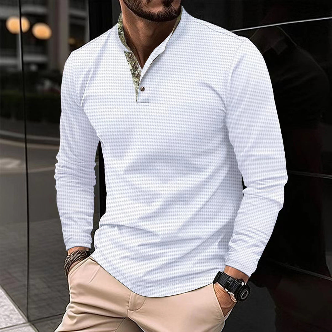 Herren nan langärmliges Henley-Poloshirt mit Stehkragen, feiner Struktur und gemustertem Innenkragen Drune