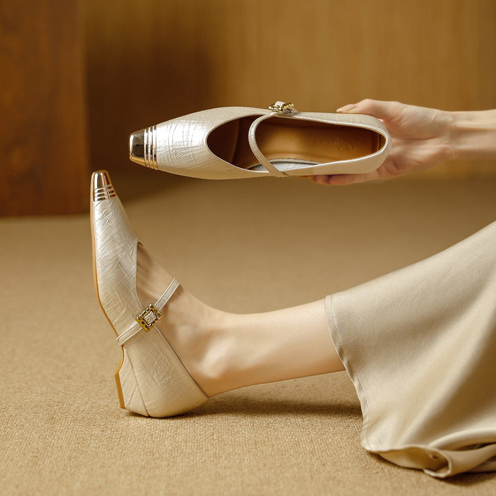 Damen Ballerinas mit elegantem Riemen und stilvollem Blockabsatz Drune