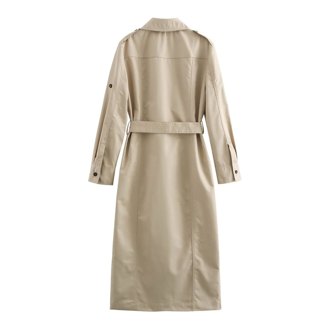 Damen Langer taillierter Trenchcoat mit Bindegürtel, Hemdkragen und Schulterpatten Drune