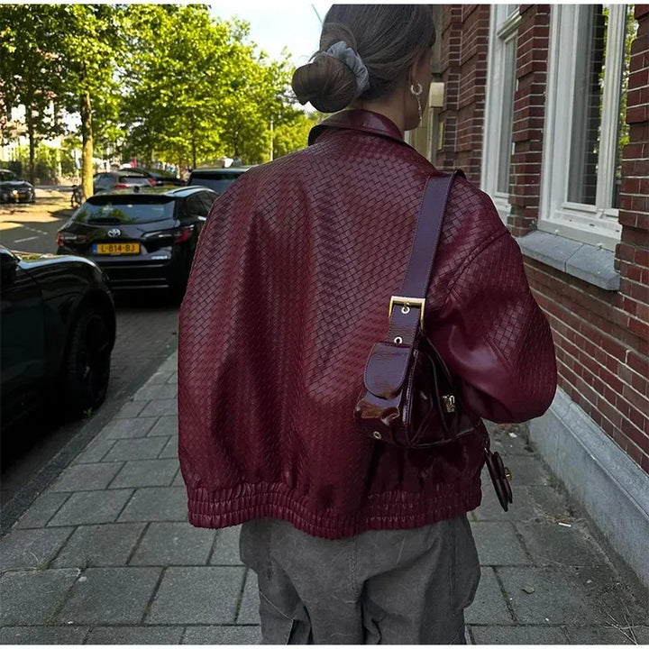 Damen modische Kunstleder-Bomberjacke mit strukturiertem Design und elastischem Bund Drune