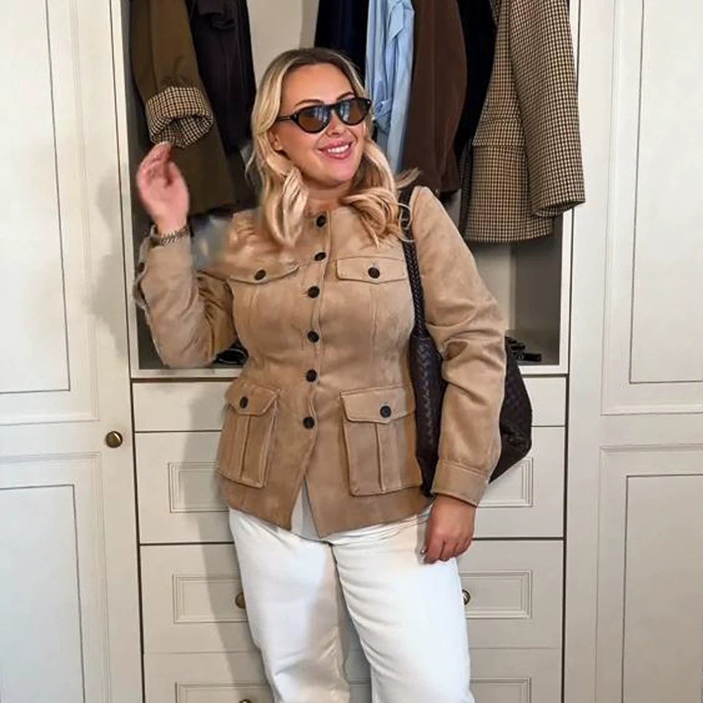 Damen Kurzjacke im Military-Utility-Stil mit aufgesetzten Pattentaschen und Rundhalsausschnitt Drune