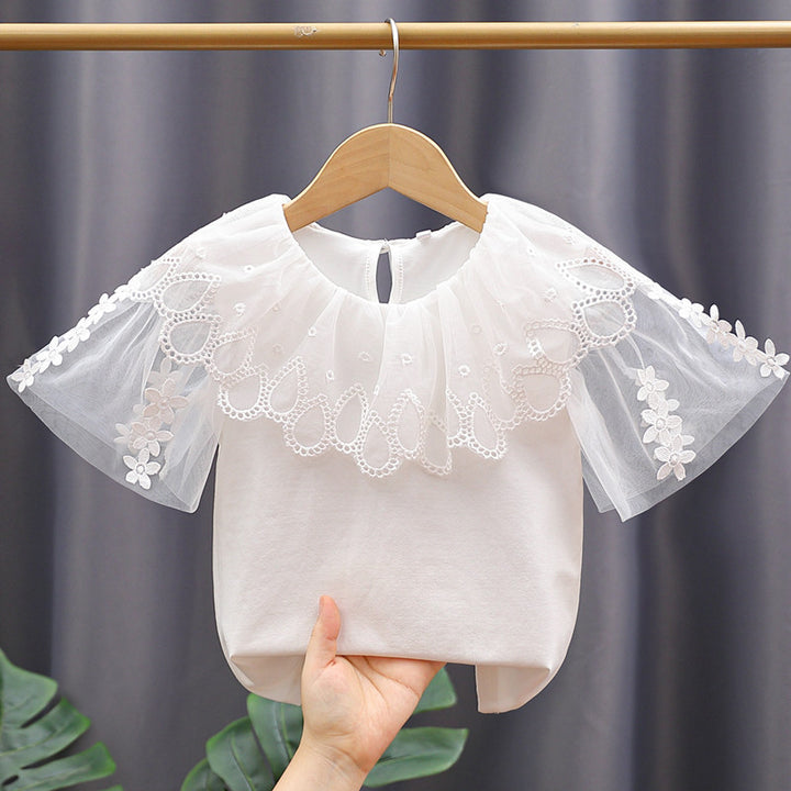 Mädchen Bluse mit Blumenstickerei und Tüllärmeln Drune
