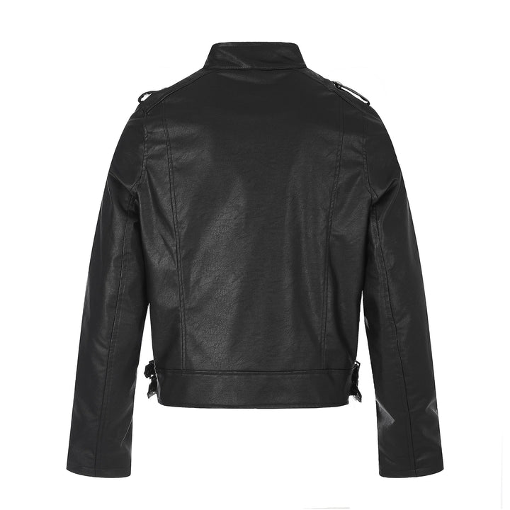 Herren Biker‑Lederjacke im Military‑Style mit Nieten, Stehkragen und Taillengürtel Drune