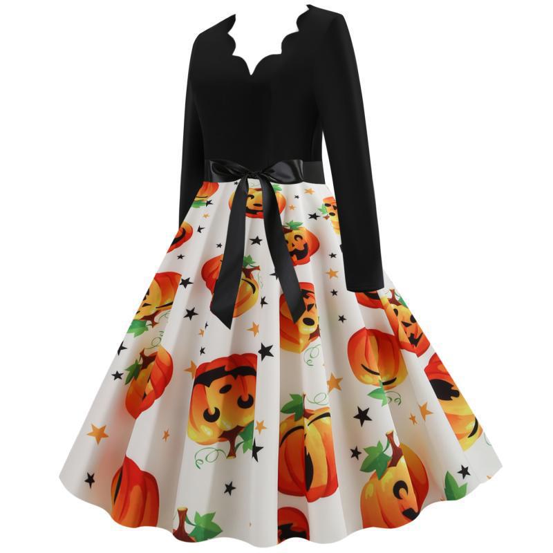 Damen Vintage Swing-Kleid mit Halloween-Kürbisprint, V-Ausschnitt mit Wellensaum und tailliertem Satinband Drune
