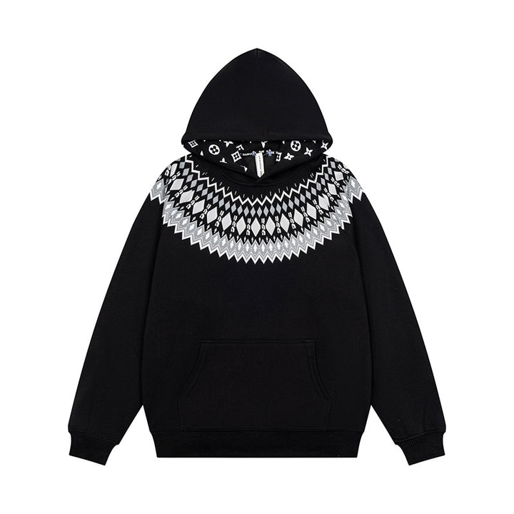 Unisex Oversize Kapuzenpullover mit nordischem Rundpasse-Jacquard, Kängurutasche und Rippbündchen Drune