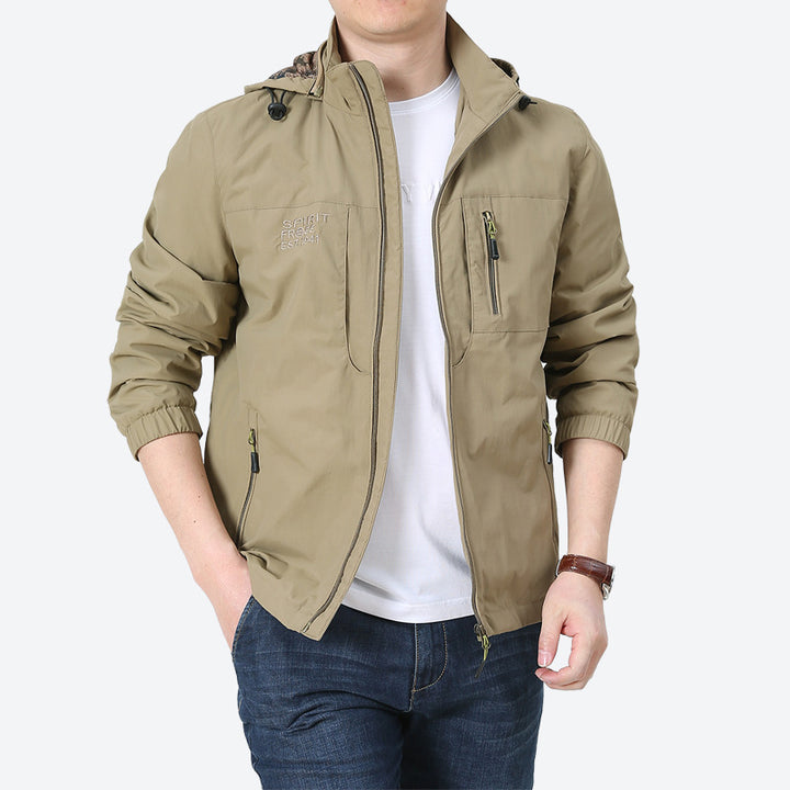 Herren Windabweisende Microfaser-Utilityjacke mit Kapuze und Mehrfach-Reißverschlusstaschen Drune