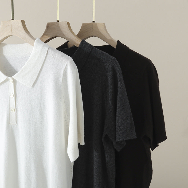 Damen Kurzarm Feinstrick-Poloshirt mit Knopfleiste Drune