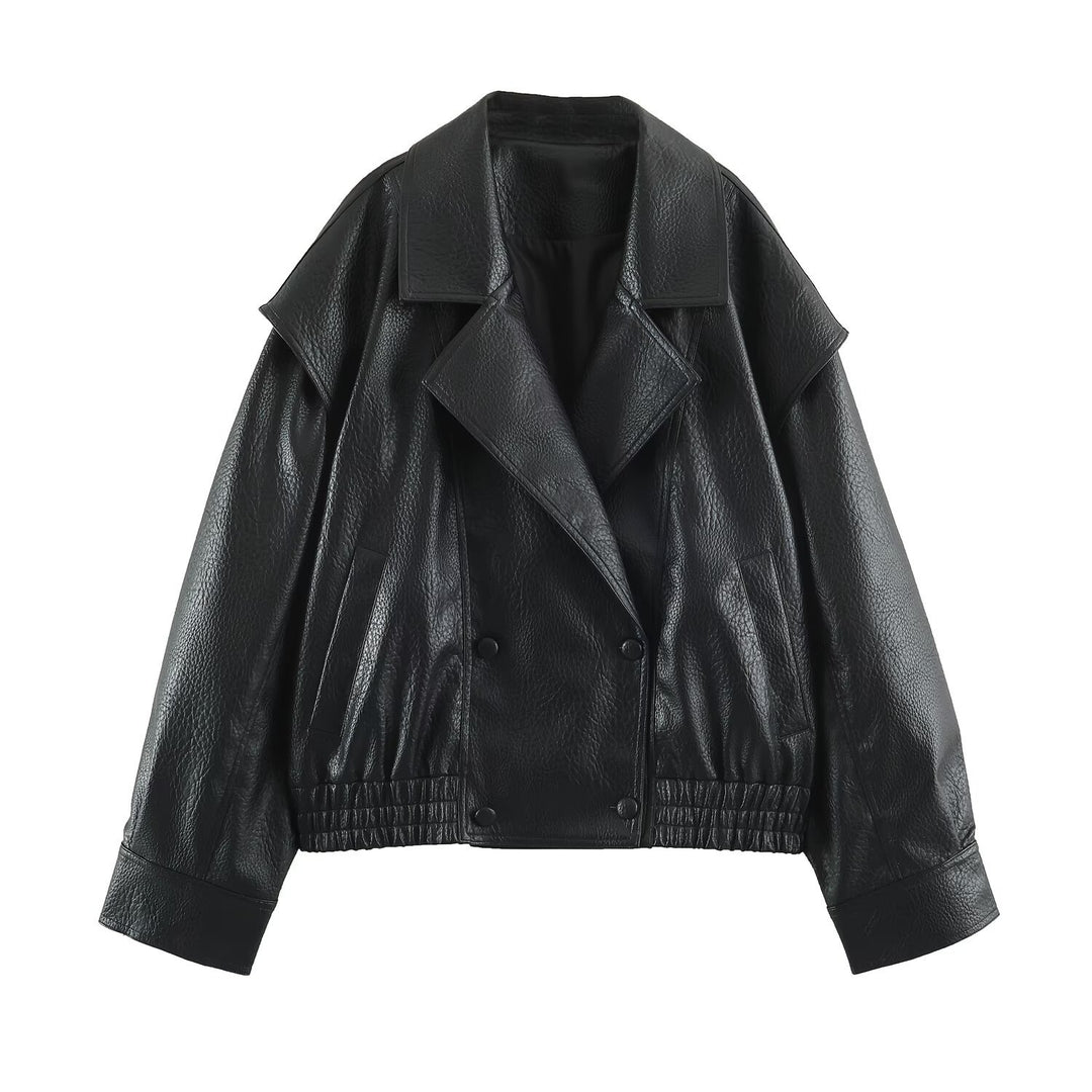 Damen Oversize Kunstlederjacke mit Doppelreihe, weitem Revers und elastischem Saum Drune