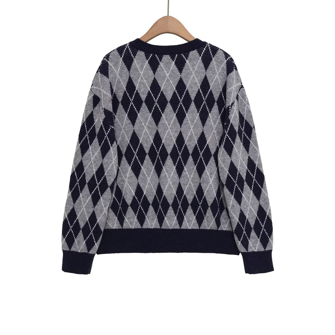 Damen Argyle V-Ausschnitt Strickpullover mit Rautenmuster Drune