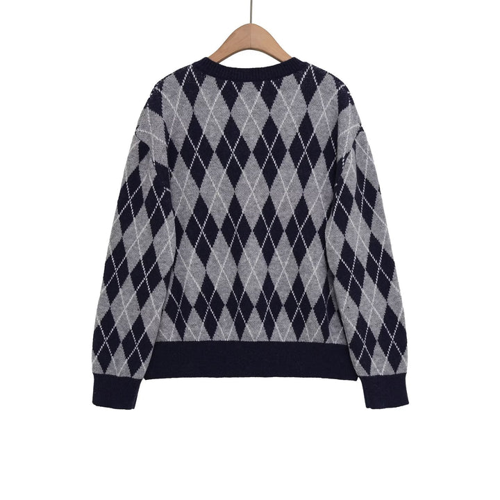 Damen Argyle V-Ausschnitt Strickpullover mit Rautenmuster Drune