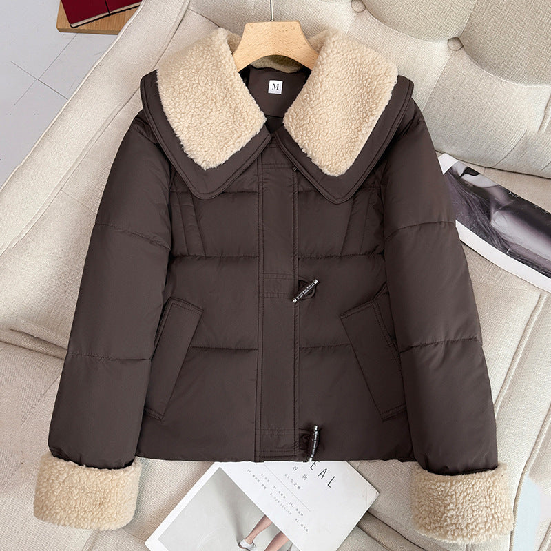 Damen nan kurzer wattierter Steppblouson mit voluminösem Teddykragen und Umschlag-Teddybündchen Drune
