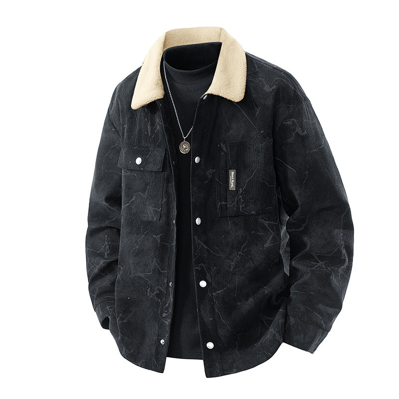 Men's  marbled corduroy sherpa-collar overshirt jacket with flap chest pockets Drune