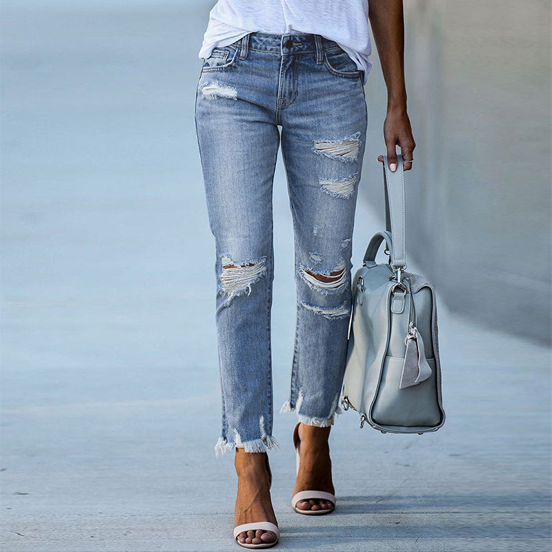 Damen Ripped High-Waist Jeans mit fransigem Saum und modischen Destroyed-Details Drune