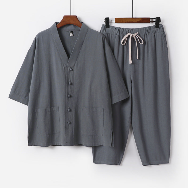 Unisex Leichtes Kimono-Lounge-Set aus Baumwoll-Leinen mit Kurzarmjacke und Kordelbund-Hose Drune