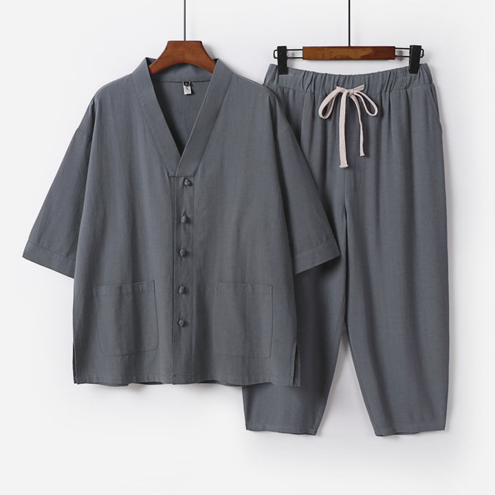 Unisex Leichtes Kimono-Lounge-Set aus Baumwoll-Leinen mit Kurzarmjacke und Kordelbund-Hose Drune