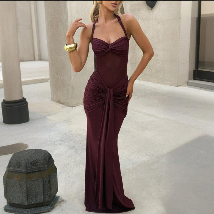Damen elegantes Maxikleid mit schmeichelnder Raffung und Halterneck Drune