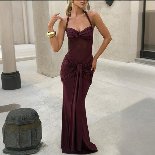 Damen elegantes Maxikleid mit schmeichelnder Raffung und Halterneck Drune